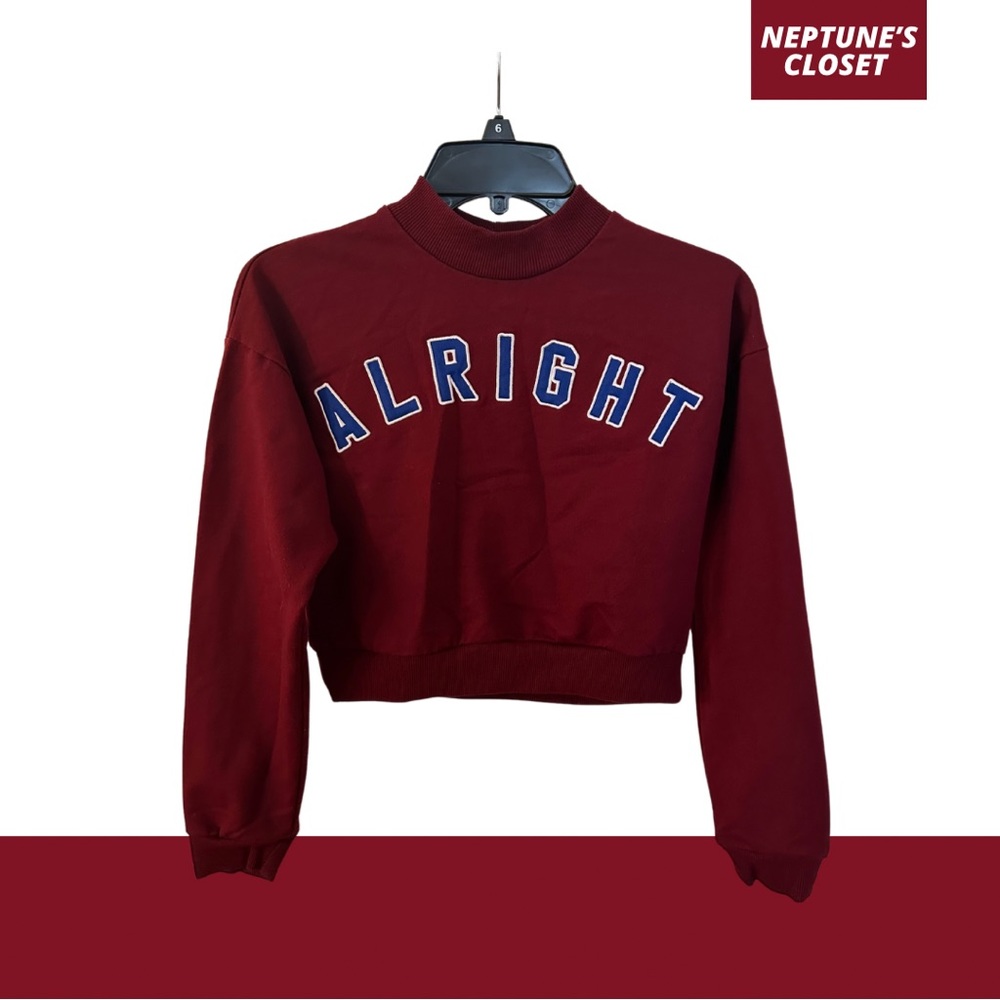 FOREVER 21 Cropped Mockneck “Alright” Sweater Women’s Girl’s Maroon Red